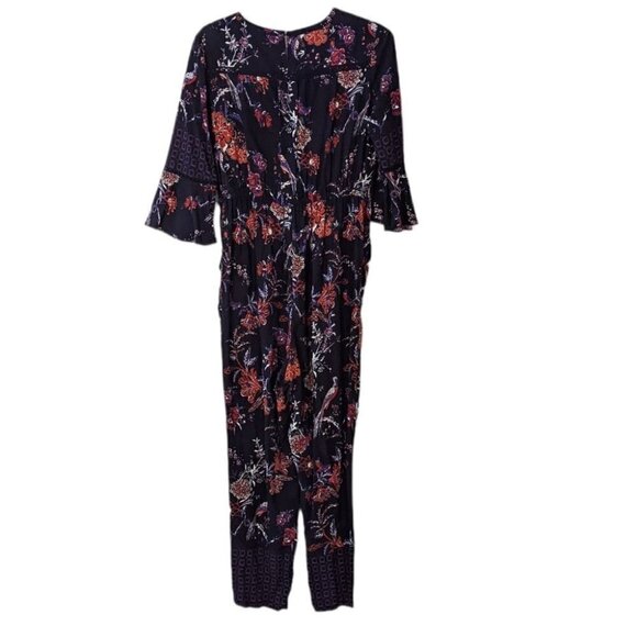 ANTHROPOLOGIE Maeve Espoir Jumpsuit Purple Bird Floral BellSleeve Romper 6p Us@L - Picture 5 of 11